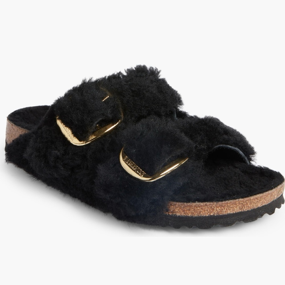 Birkenstock Arizona Big Buckle Shearling Slide Sandals Black Size 7 NIB